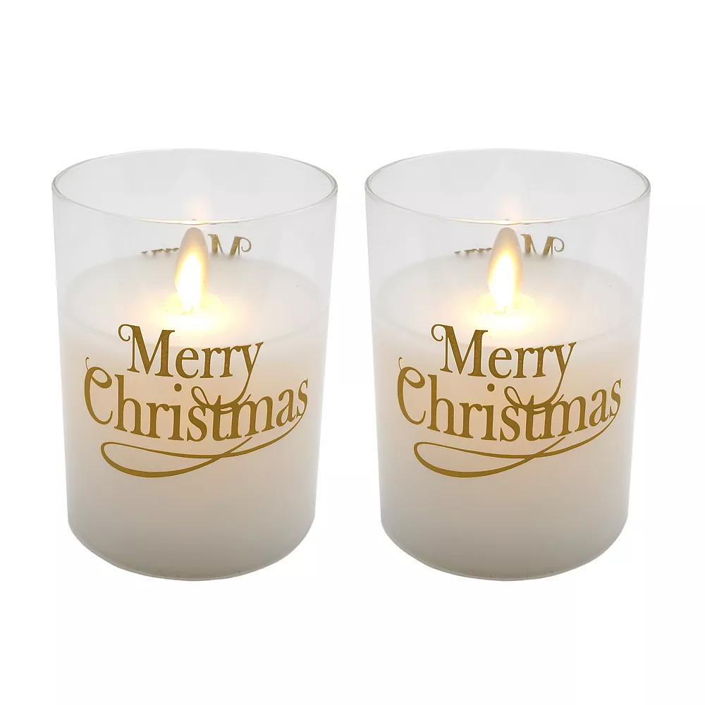 LumaBase "Merry Christmas" Wax Filled LED Candles Set In Glass Holders
