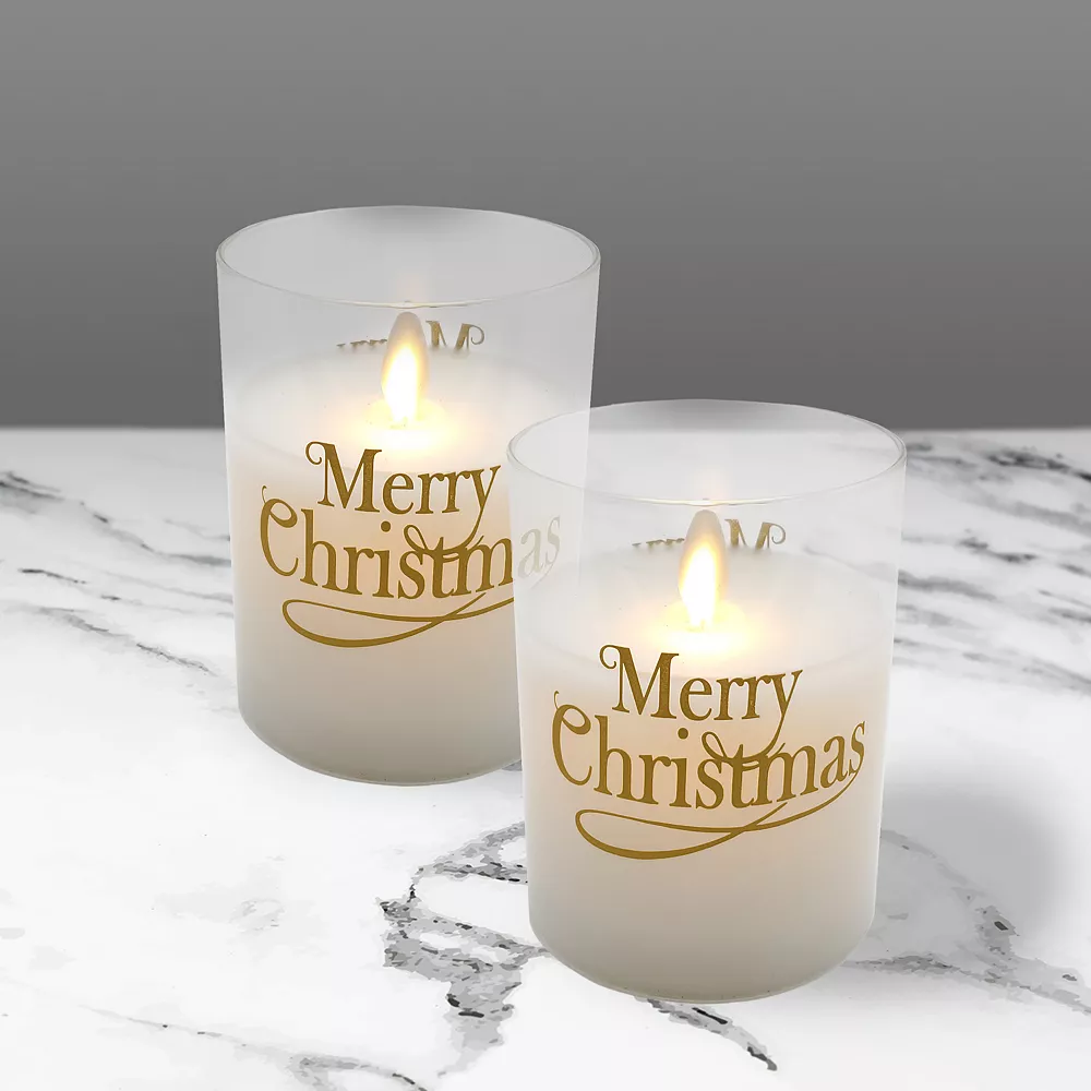 LumaBase "Merry Christmas" Wax Filled LED Candles Set In Glass Holders - Image 2