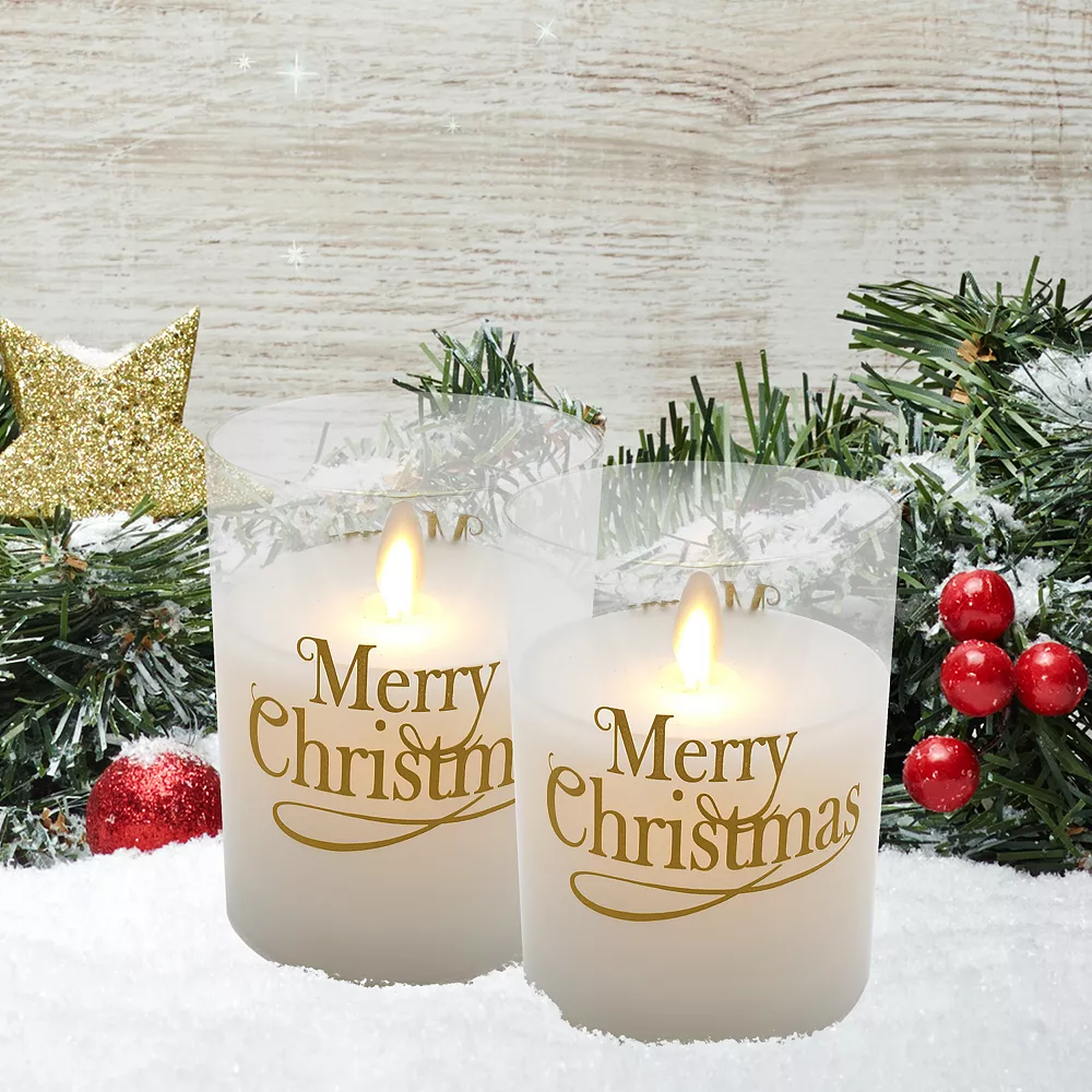 LumaBase "Merry Christmas" Wax Filled LED Candles Set In Glass Holders - Image 3