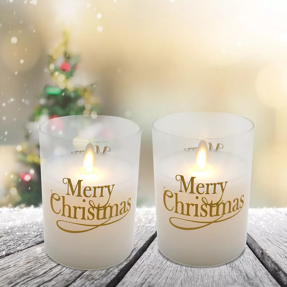LumaBase "Merry Christmas" Wax Filled LED Candles Set In Glass Holders - Image 4