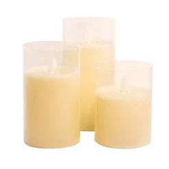 LumaBase Battery Operated LED Realistic Flame Wax Filled Candles In Glass Holders (Set Of 3)