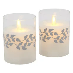 LumaBase Silver Wreath Battery Operated Wax Candles In Glass Holders With Moving Flame 2-piece Set