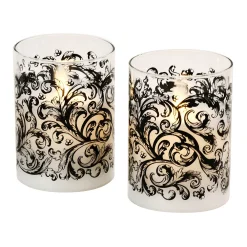 LumaBase Baroque Black Swirl Battery Operated Wax Candles In Glass Holders With Moving Flame 2-piece Set