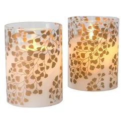 LumaBase Gold Maidenhair Fern Battery Operated Wax Candles In Glass Holders With Moving Flame 2-piece Set