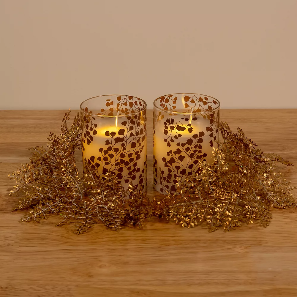 LumaBase Gold Maidenhair Fern Battery Operated Wax Candles In Glass Holders With Moving Flame 2-piece Set - Image 2