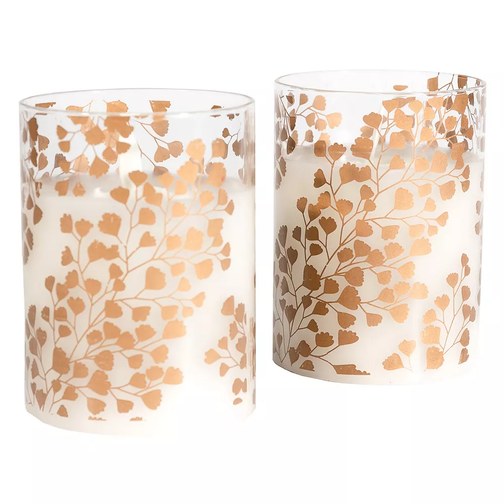 LumaBase Gold Maidenhair Fern Battery Operated Wax Candles In Glass Holders With Moving Flame 2-piece Set - Image 3