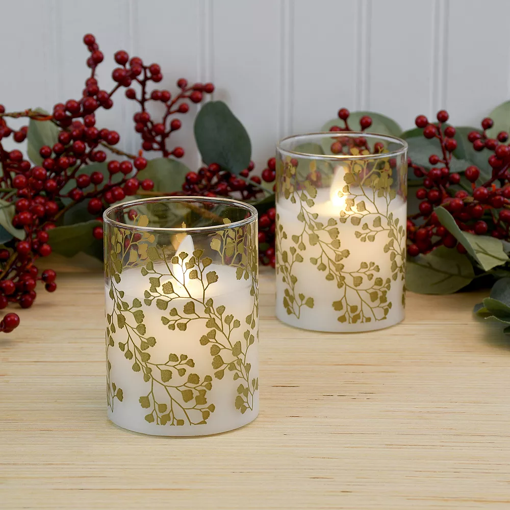 LumaBase Gold Maidenhair Fern Battery Operated Wax Candles In Glass Holders With Moving Flame 2-piece Set - Image 5