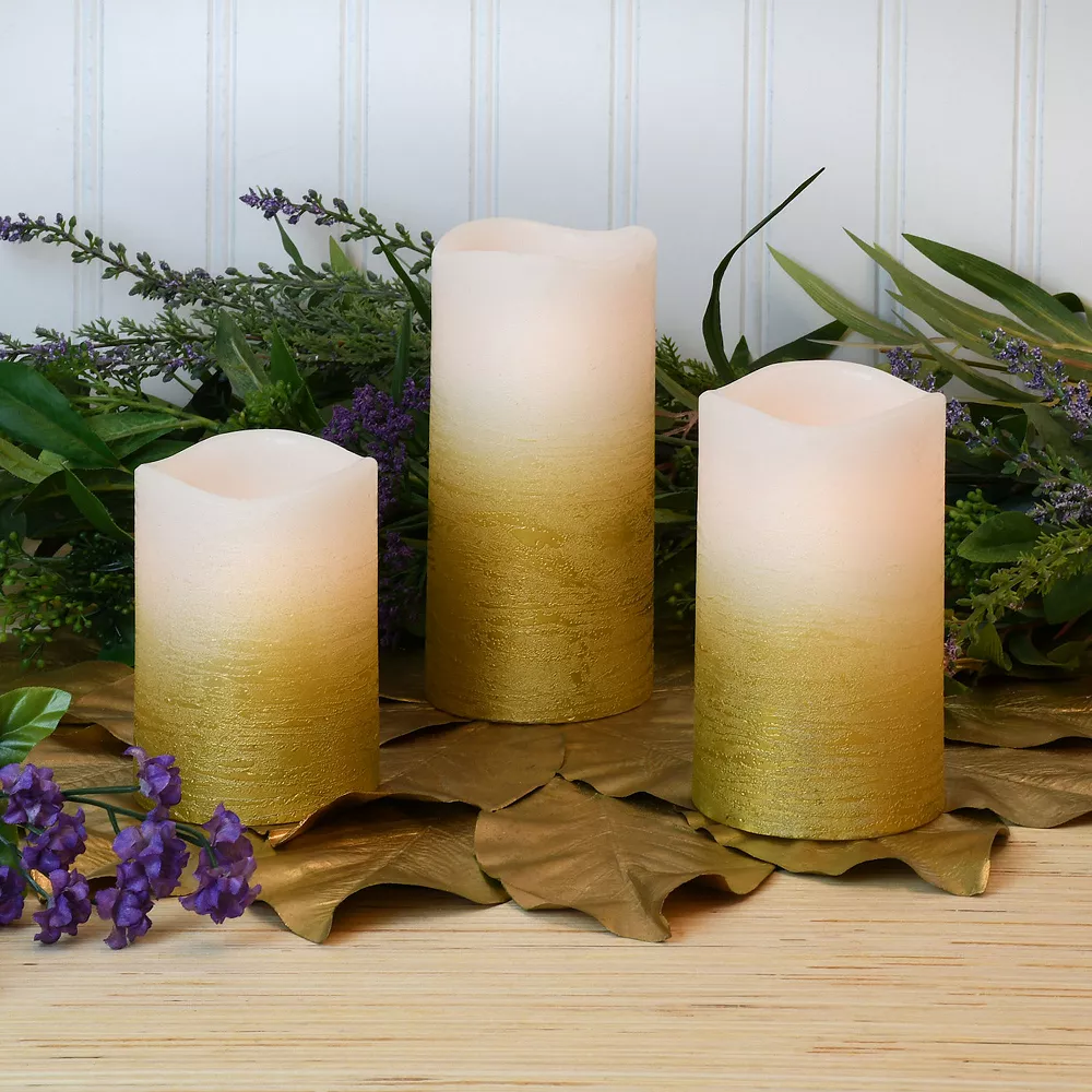 LumaBase Rose Gold And White Battery Operated LED Wax Pillar Candles 3-piece Set - Image 2