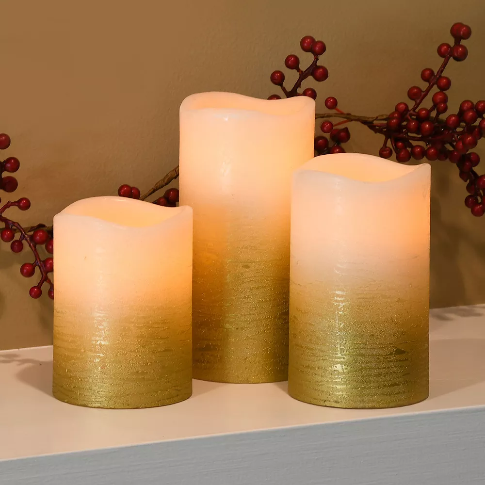 LumaBase Rose Gold And White Battery Operated LED Wax Pillar Candles 3-piece Set - Image 3